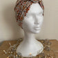 Sublimant bonnet turban de chimiothérapie / Alopécie n° 10 en jersey fond blanc petites fleurs terracotta